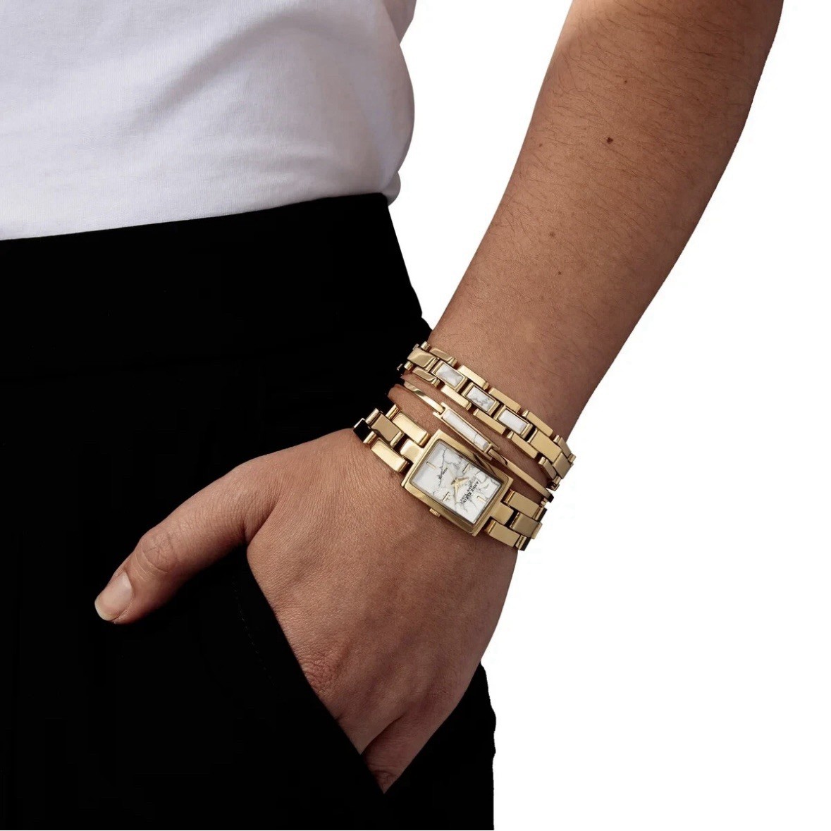 Anne Klein New York Ladies Howlite Gold Bracelet & Tank Watch Set 12-7748HLST