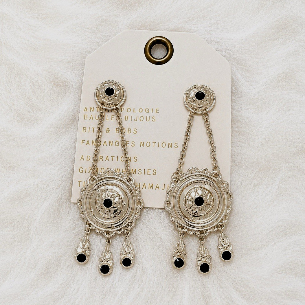 Anthropologie Rhodium Plated Western Pendant Drop Earrings Butterfly Back
