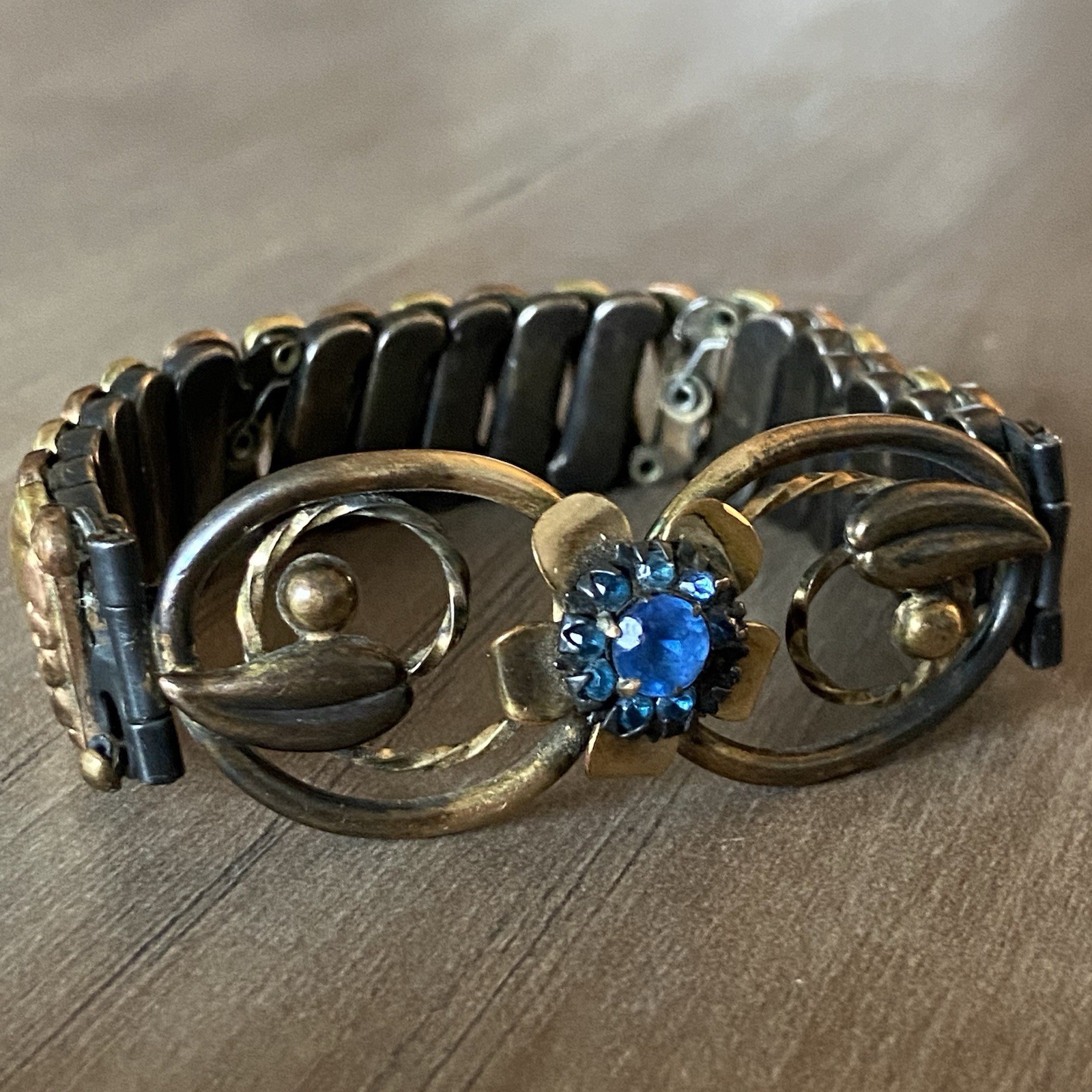 Vintage Lustern Bracelet 12K Gold Filled on Sterling w/Blue Gem Floral Accent