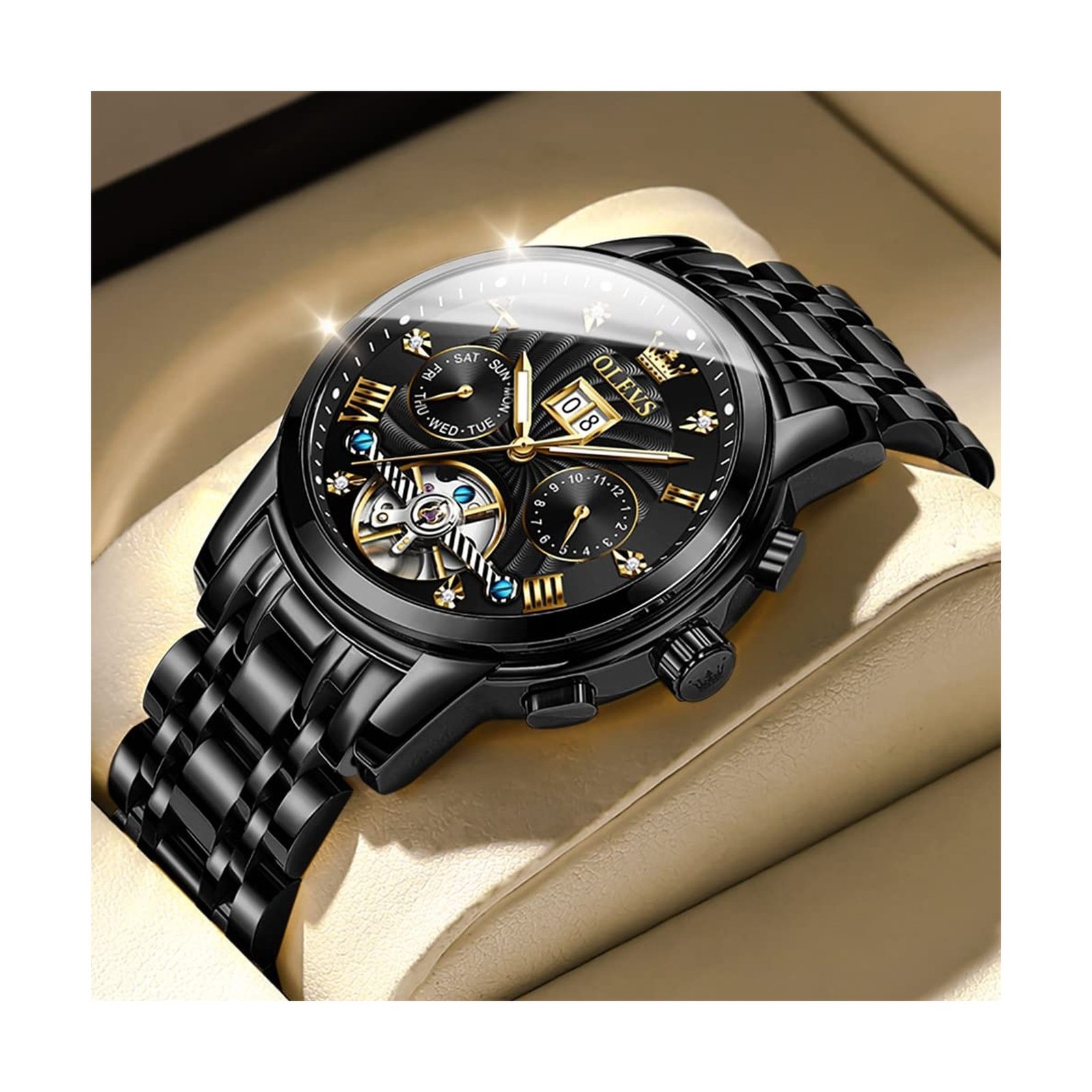 OLEVS Men Automatic Watch Skeleton 5 Hands Mechanical Classic Luxury Multi Ca…