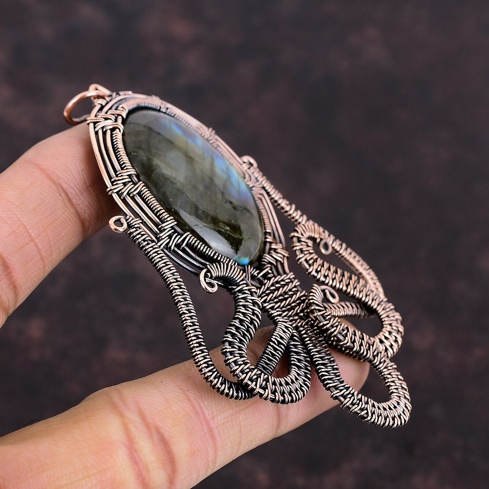 Gift For Her Copper Labradorite Jewelry Wire Wrapped Octopus Pendant 3.58″
