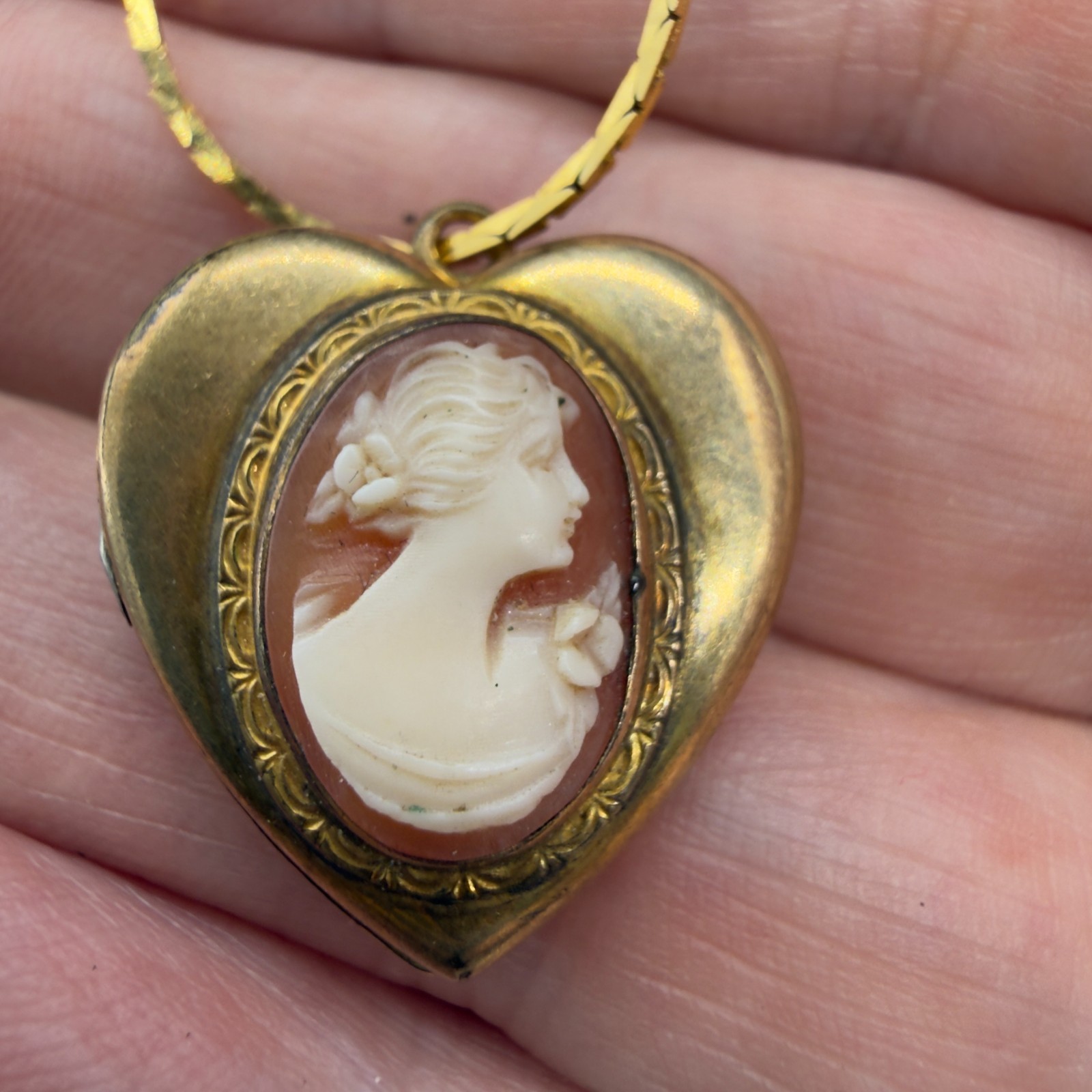Vintage Necklace Heart Locket Cameo 10 KT Gold Filled Blue Guilloche Inside