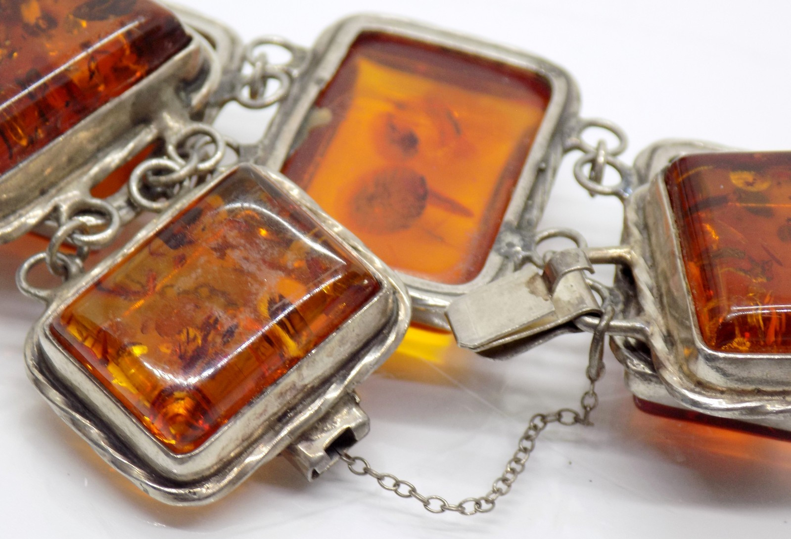 Cognac Baltic Amber Shell 925 Sterling Silver Bracelet 6.5″ Vintage