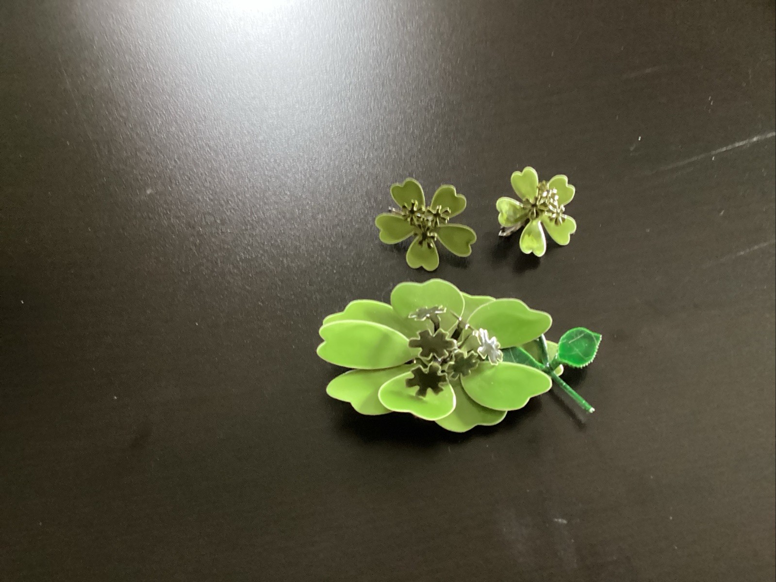 Vintage 60’s Or70’s Enamel Brooch and Clip Earrings. Two Tone Olive Green