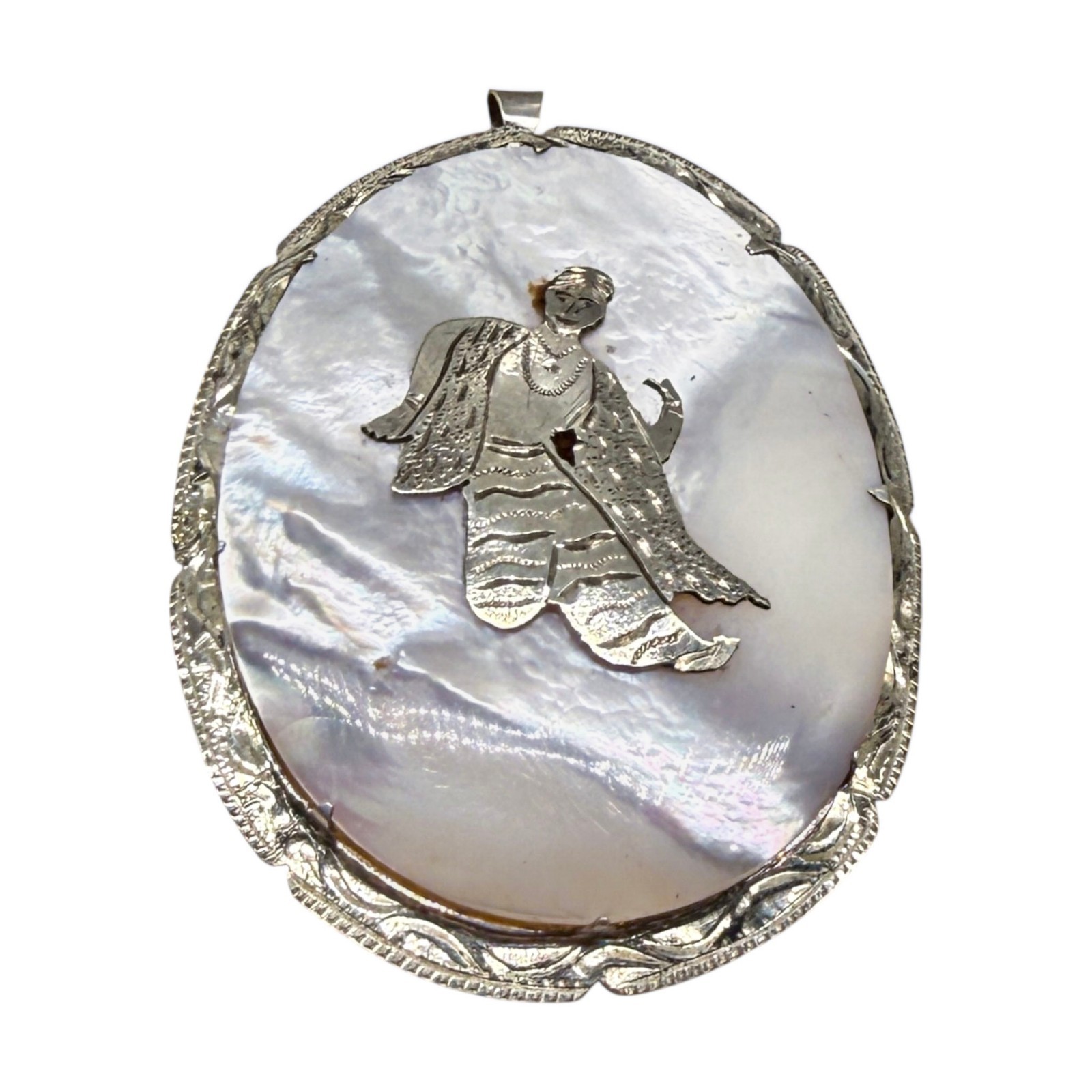 Estate 1960s Siam Sterling Silver Mother Pearl Goddess Mekkala Pendant / Brooch