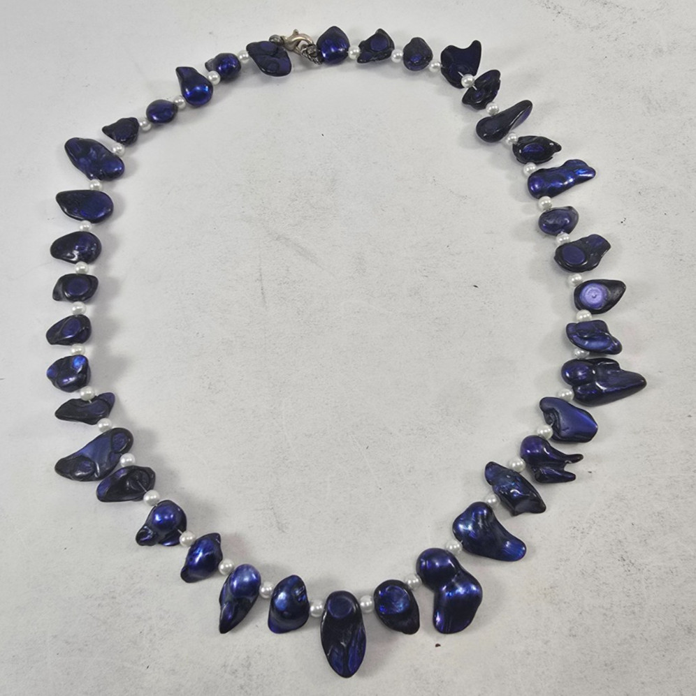 Navy Blue Black Peacock shiny Keshi freshwater Pearl Gemstone Necklace Choker
