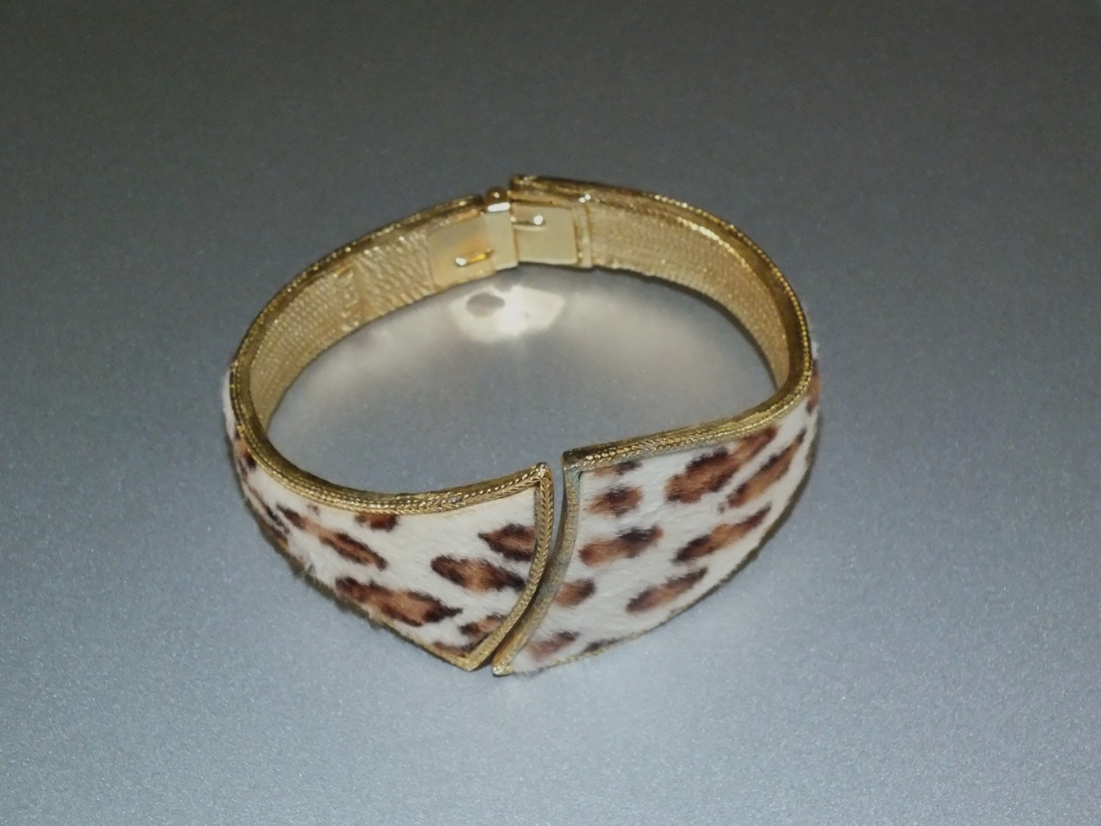 Vintage BSK faux fur ? curved BRACELET CUFF BANGLE gold WHITE BROWN BLACK SPOTS