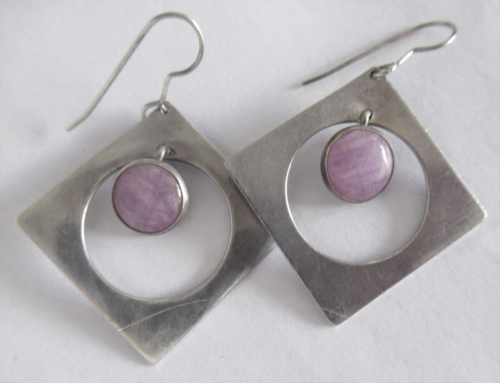 LARGE STERLING EARRINGS w AMETHYST?, 2 by 1 1/2 INCHES