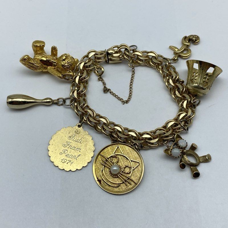 Vintage K.S. Co. 12K Gold Filled Charm Bracelet 8 Charms 1971 10K Accent 6.5″