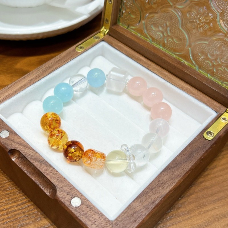 Natural Aquamarine, Rose Quartz, Beeswax, and Amber Handmade Bracelet