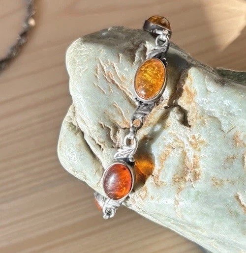 Vtg 925 Sterling Oval Cognac Amber Stones Link Leaf Chain Bracelet 7 Inches 10g