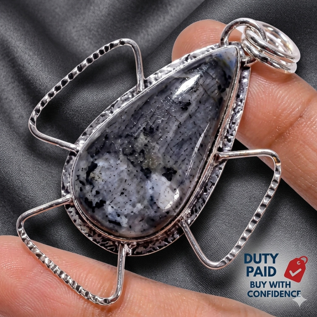Sterling Silver Throat Chakra Pear Genuine Larvikite Hook Mother Artisan Pendant