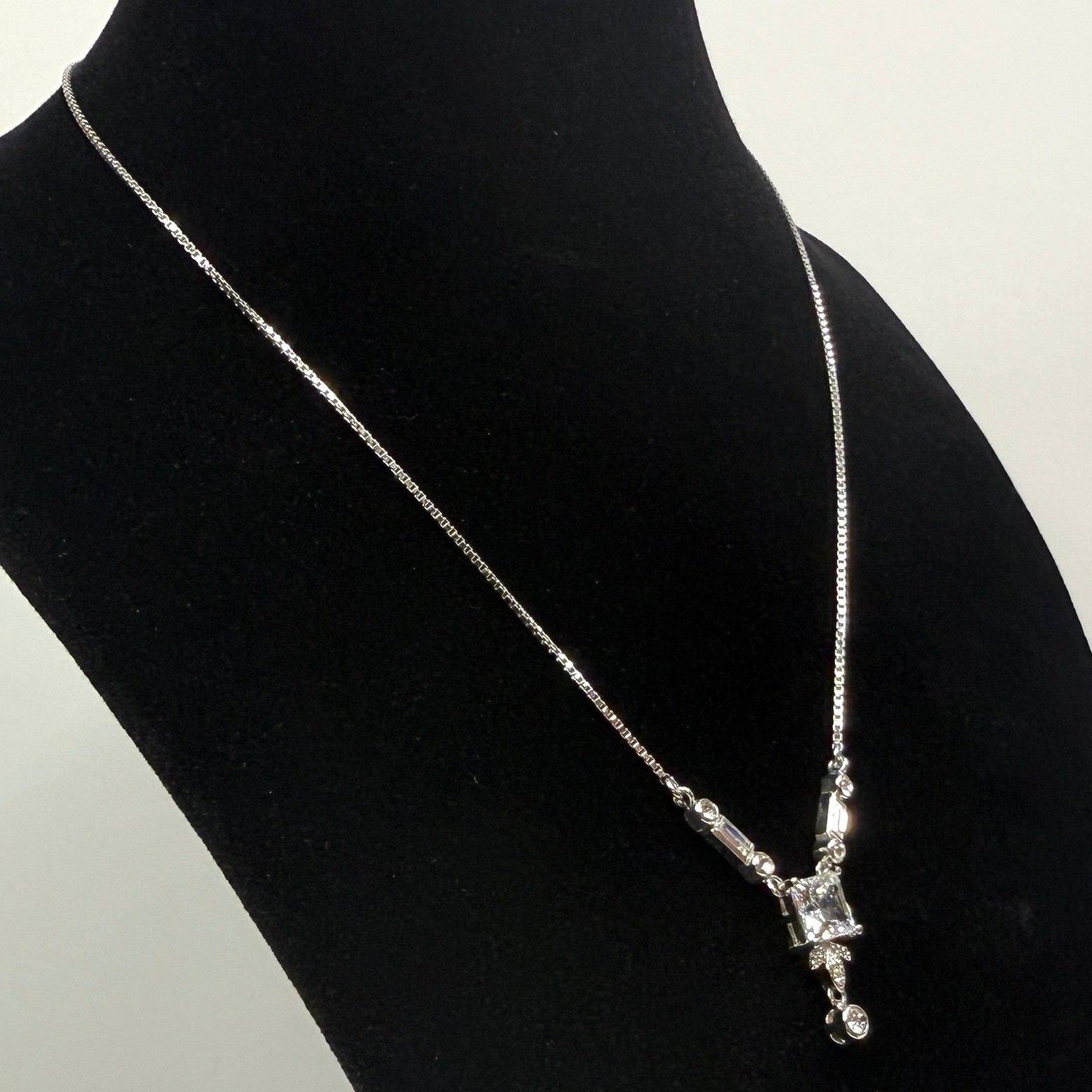 Princess Cut Cubic Zirconia CZ Y Drop Pendant Necklace Silver Tone Jewelry 8.5in