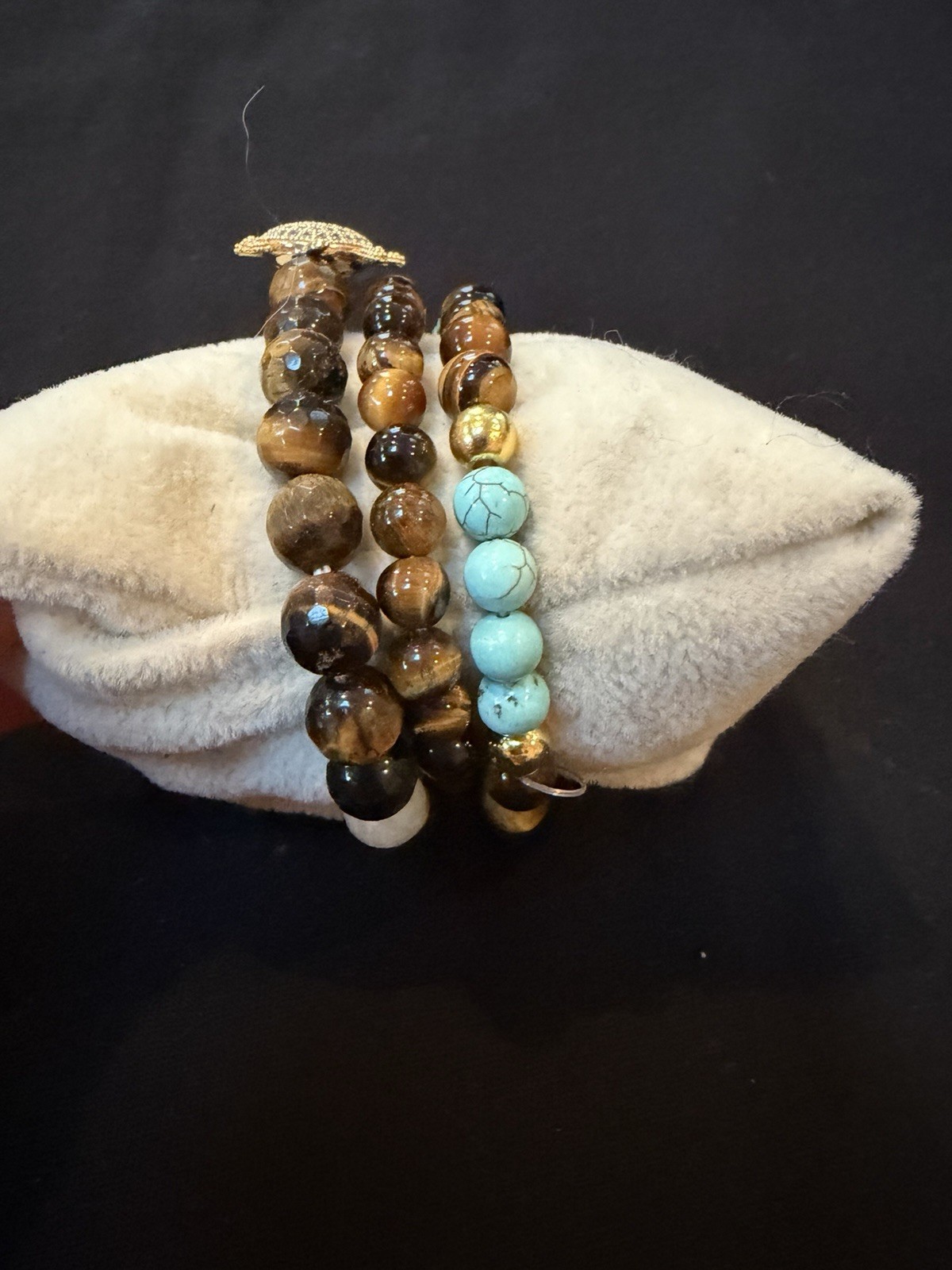 Tiger’s Eye Beaded Bracelet Set w/ Turtle Dangle Charm, Turquoise Beads