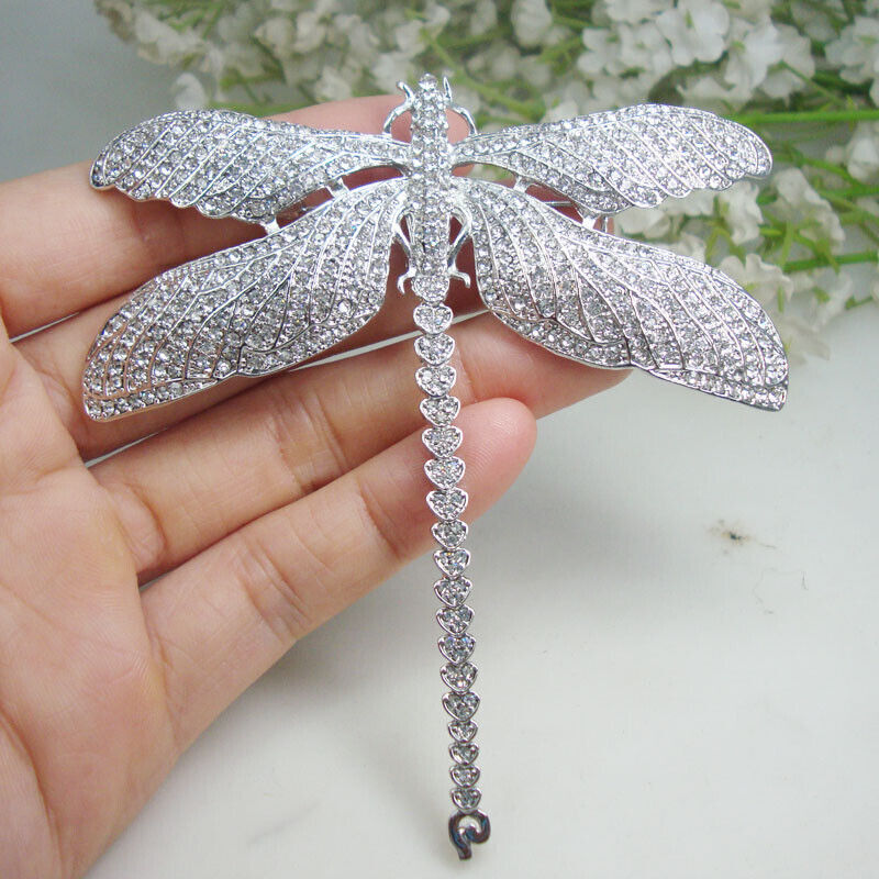 Silver Tone Luxury Dragonfly Insect Woman’s Brooch Pin Clear Rhinestone Crystal