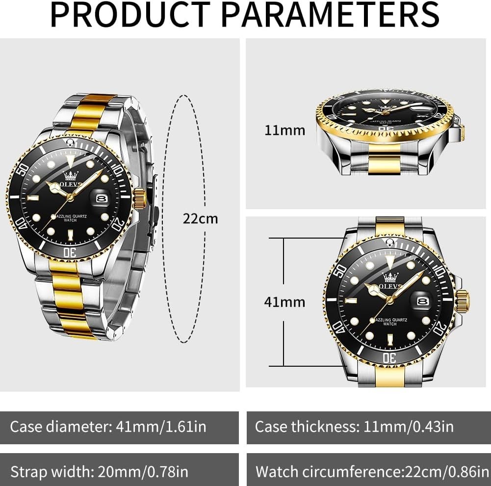 Stainless Steel Two-Tone Men’s Watch – Big Face with Date, Waterproof & Luminous