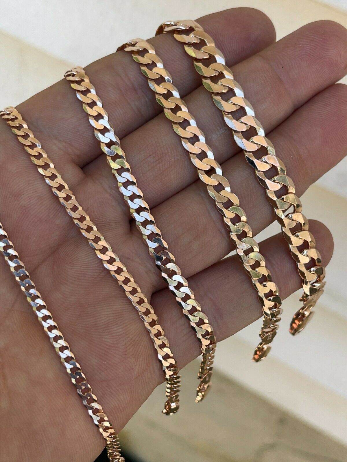 14k Rose Gold Plated REAL Solid 925 Silver Flat Cuban Link Chain Necklace 3-8mm