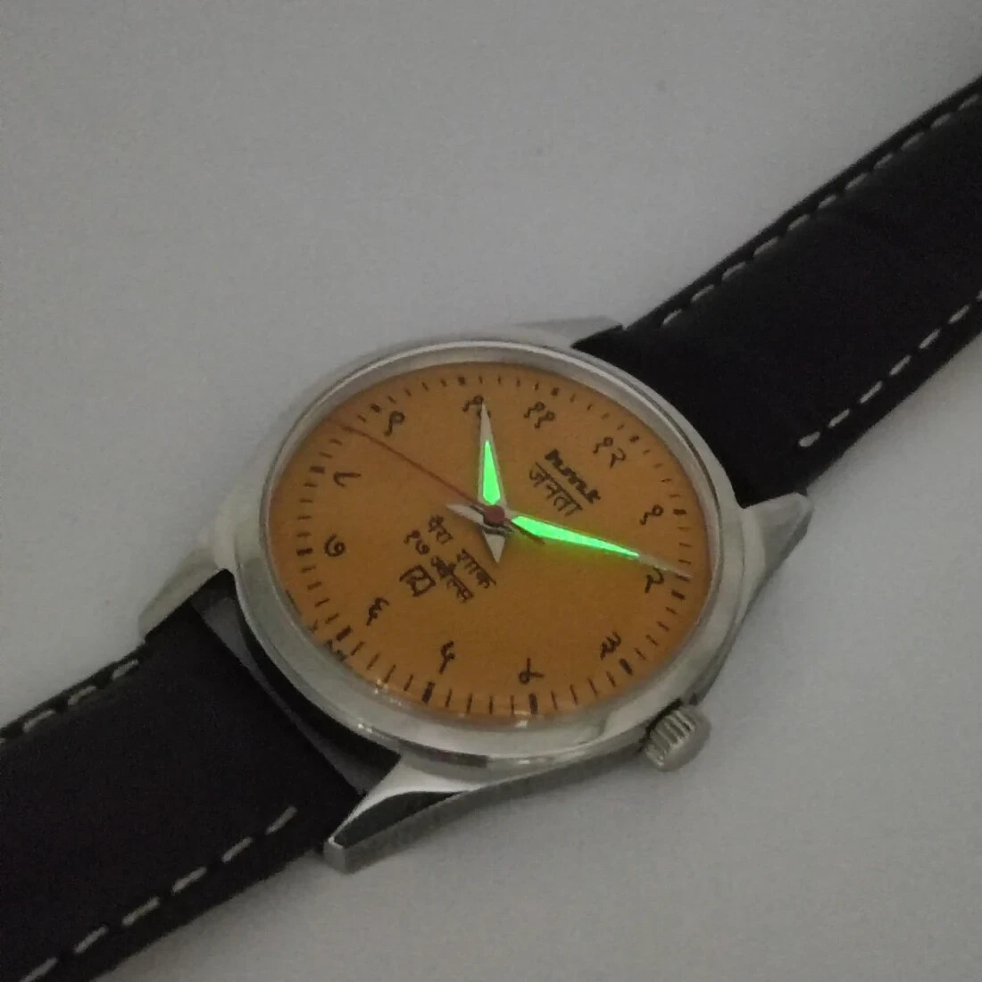 HMT Janata Devanagari Yellow Dial Hand Winding Transparent Back Mens Wrist Watch