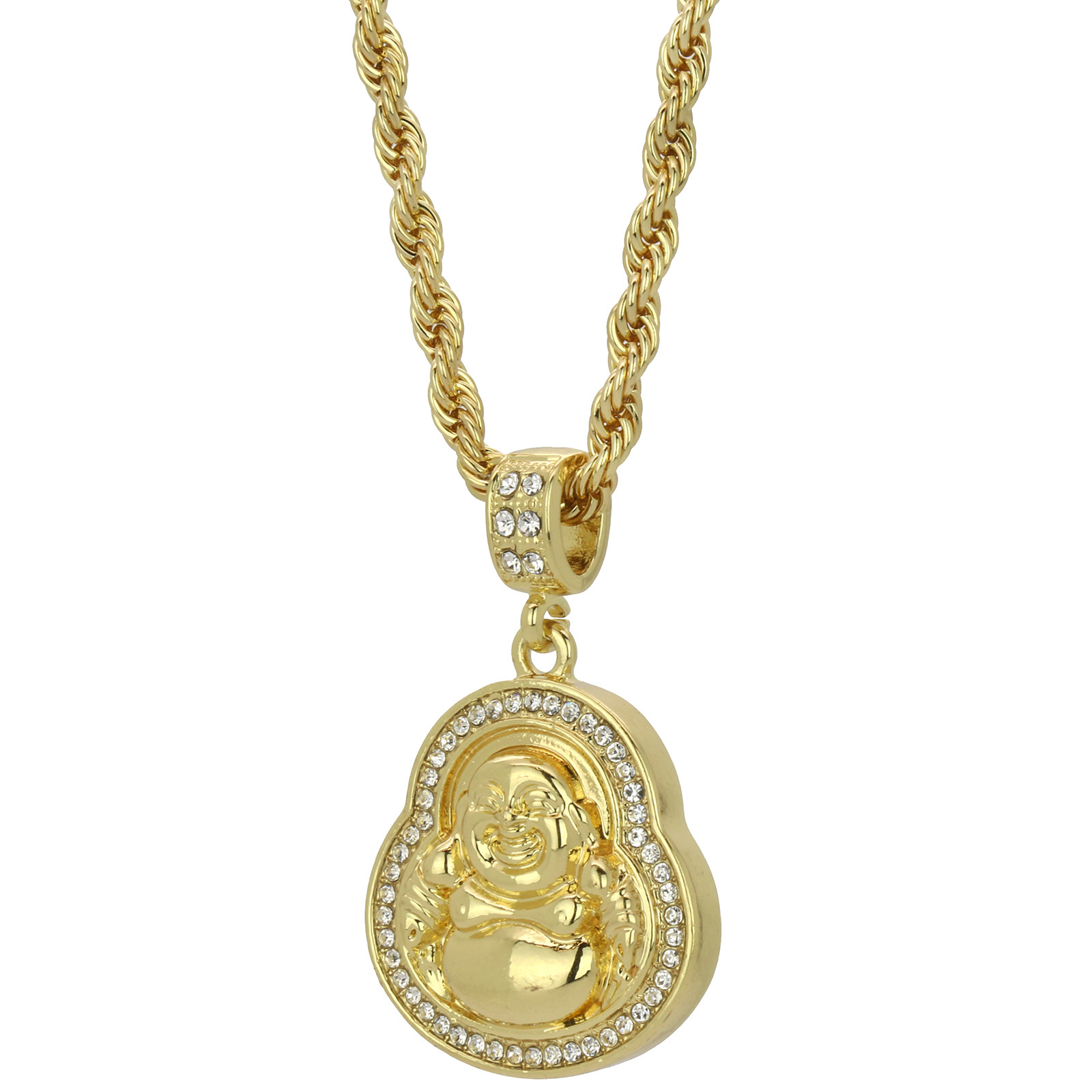 Mens 14k Gold Plated BUDDHA Hip Hop Pendant Cubic-Zirconia Rope Chain