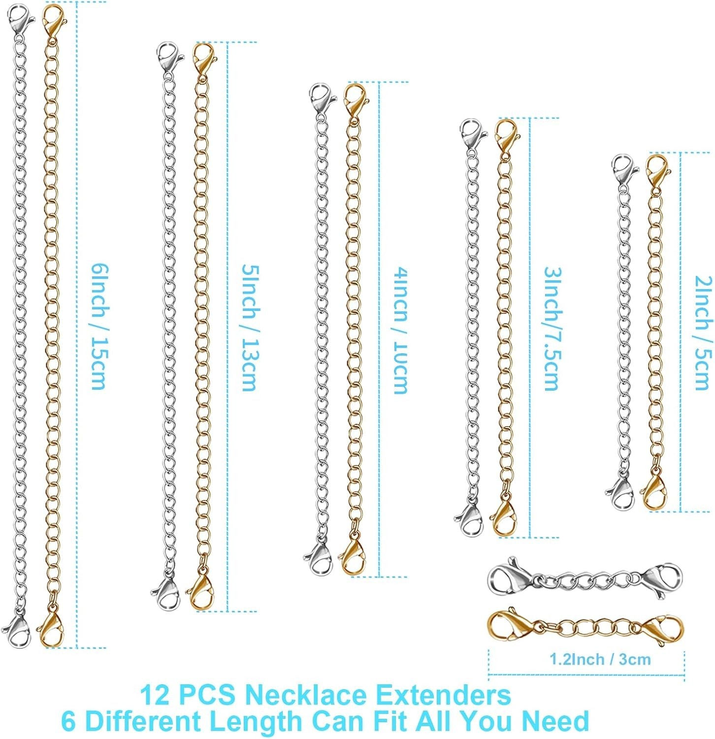 12 PCS Necklace Extenders – Stainless Steel Necklace Extension Chain for Jewelry