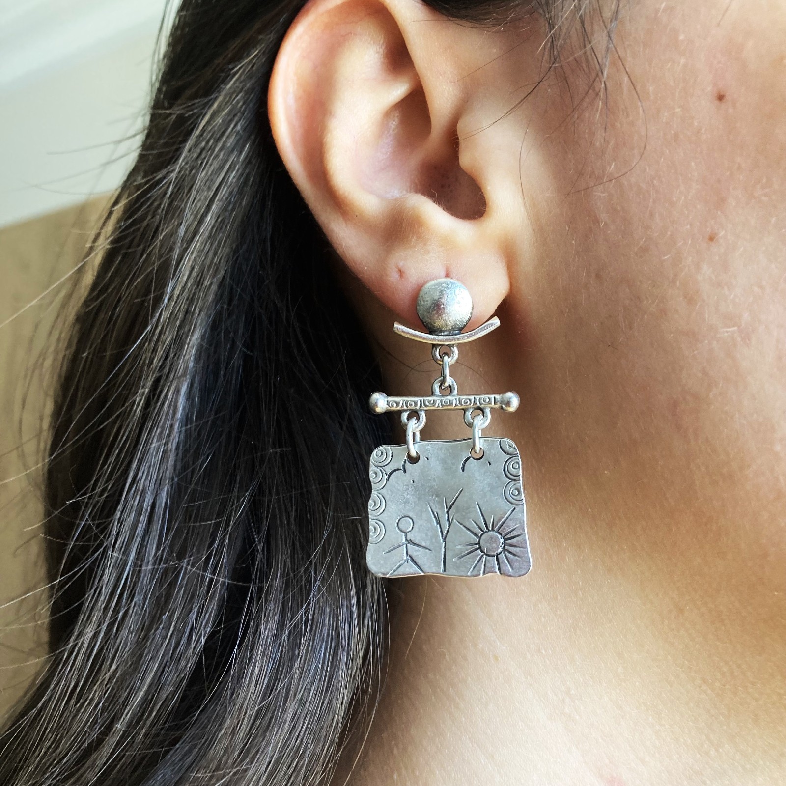 Lightweight Shamanic Silver Petroglyph Boho Dangle Stud Earrings Ancient