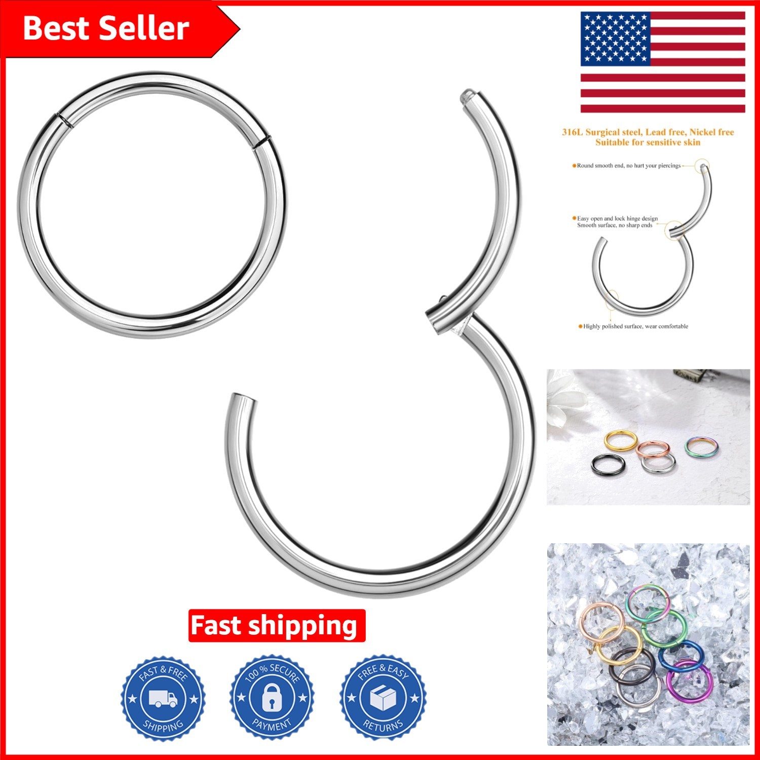 Elegant 316L Surgical Steel Clicker Hoop Nose Ring – 9mm, Multi-Color Options
