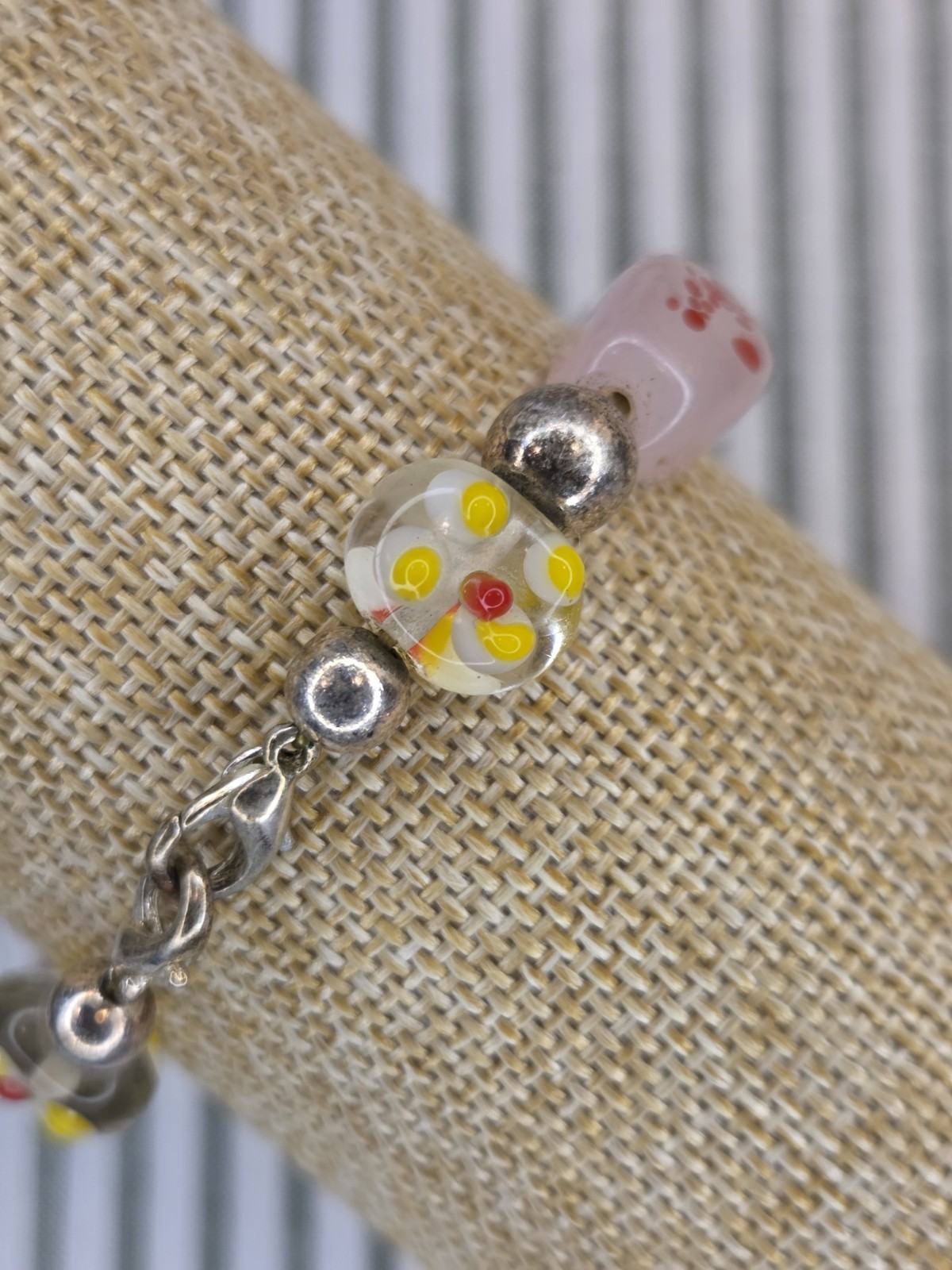 Set Of 2 Multicolor Lampwork Glass Beaded Bracelet, Floral Round Beads