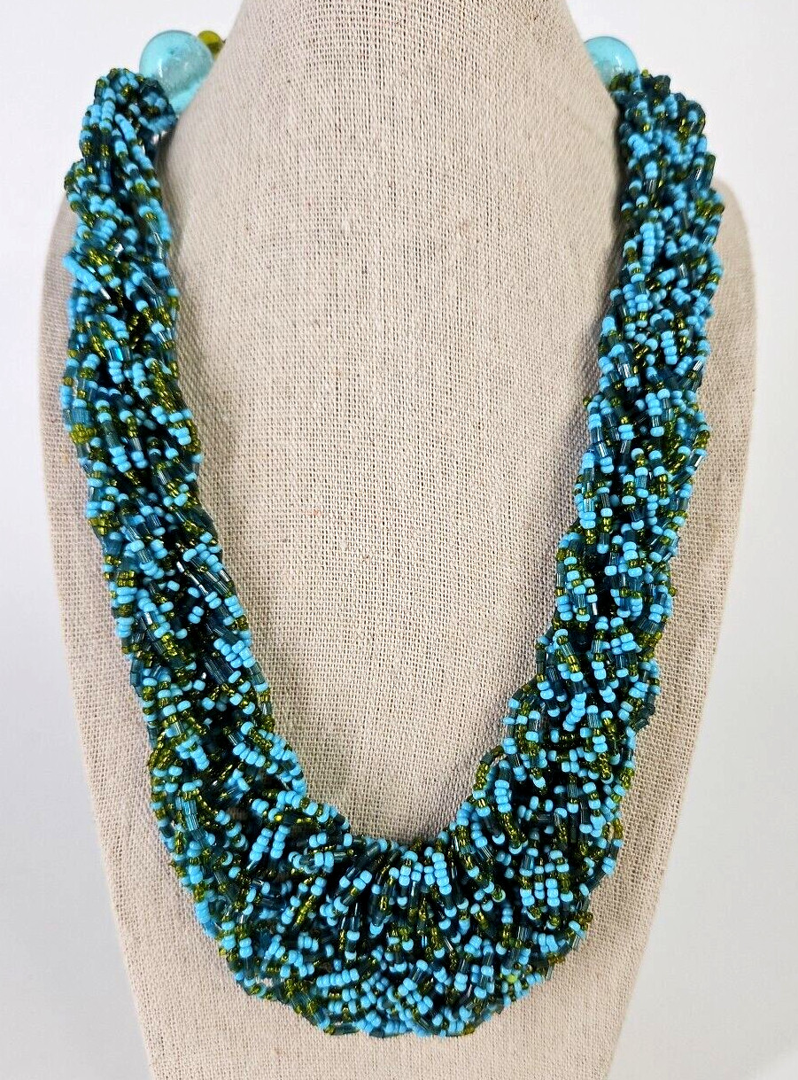 Vintage Woven Sparkly Blue Green Gold Seed Beaded Fashion Necklace 18 inch