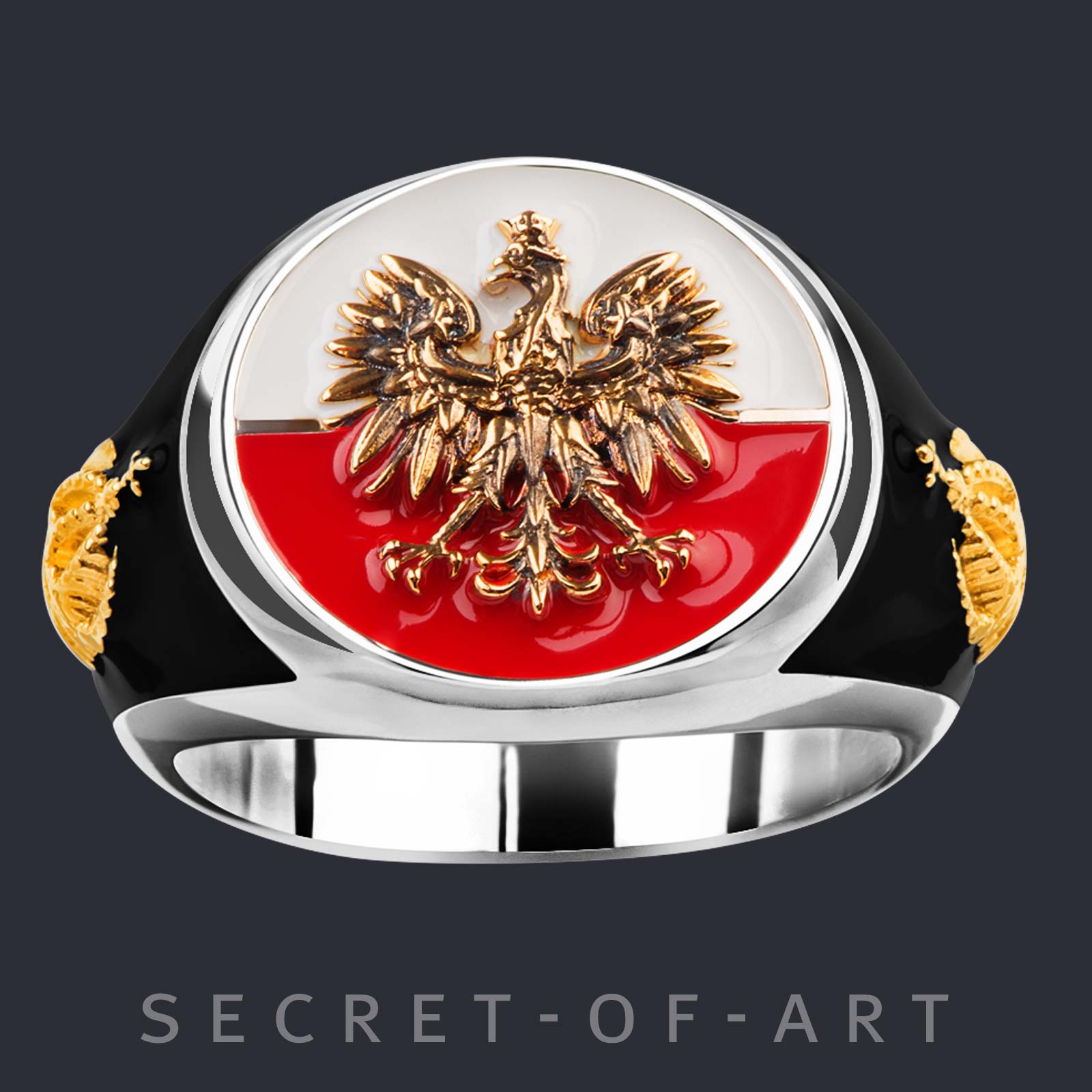 Poland Ring Polish with eagle crown Silver 925 18K-Gold-Plated Size 8-13 US