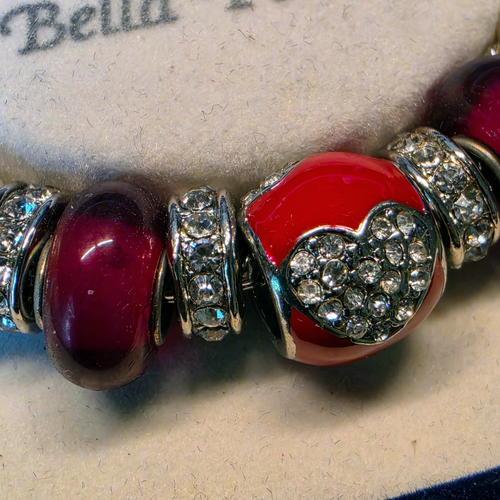 Bella Perlina Red Heart Charm Bracelet Rhinestone Glass Pearl Beads 15g OS Box
