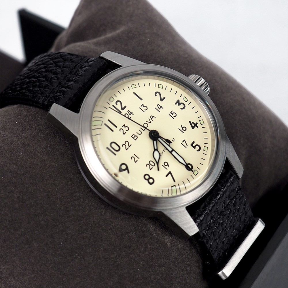 Bulova Military Heritage Hack 96A246 Ivory Dial Black Strap Automatic Mens Watch