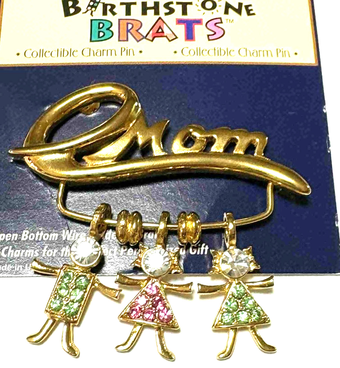 Vintage K.I.S. Birthstone Brat Mom Brooch Charm Holder w/ Kids October & August