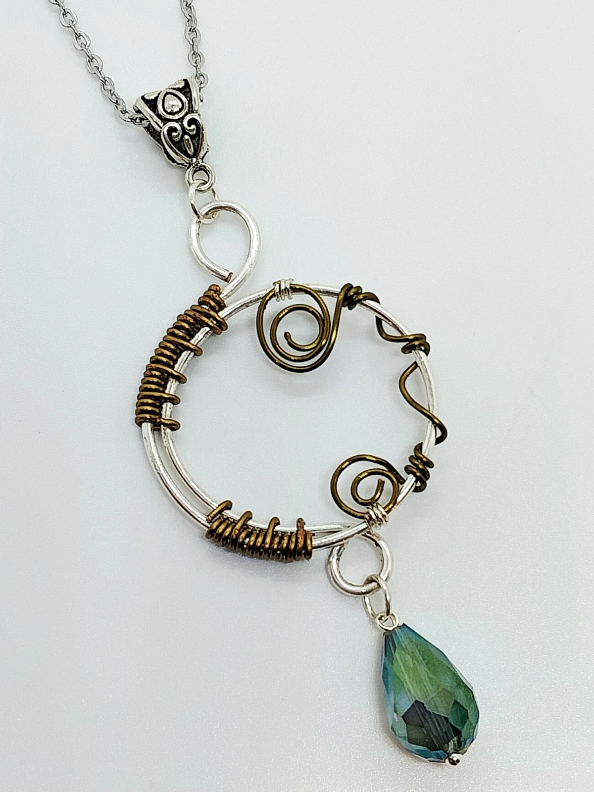 Handcrafted Artisan Mixed Metal Wire Wrapped Swirl Pendant Necklace