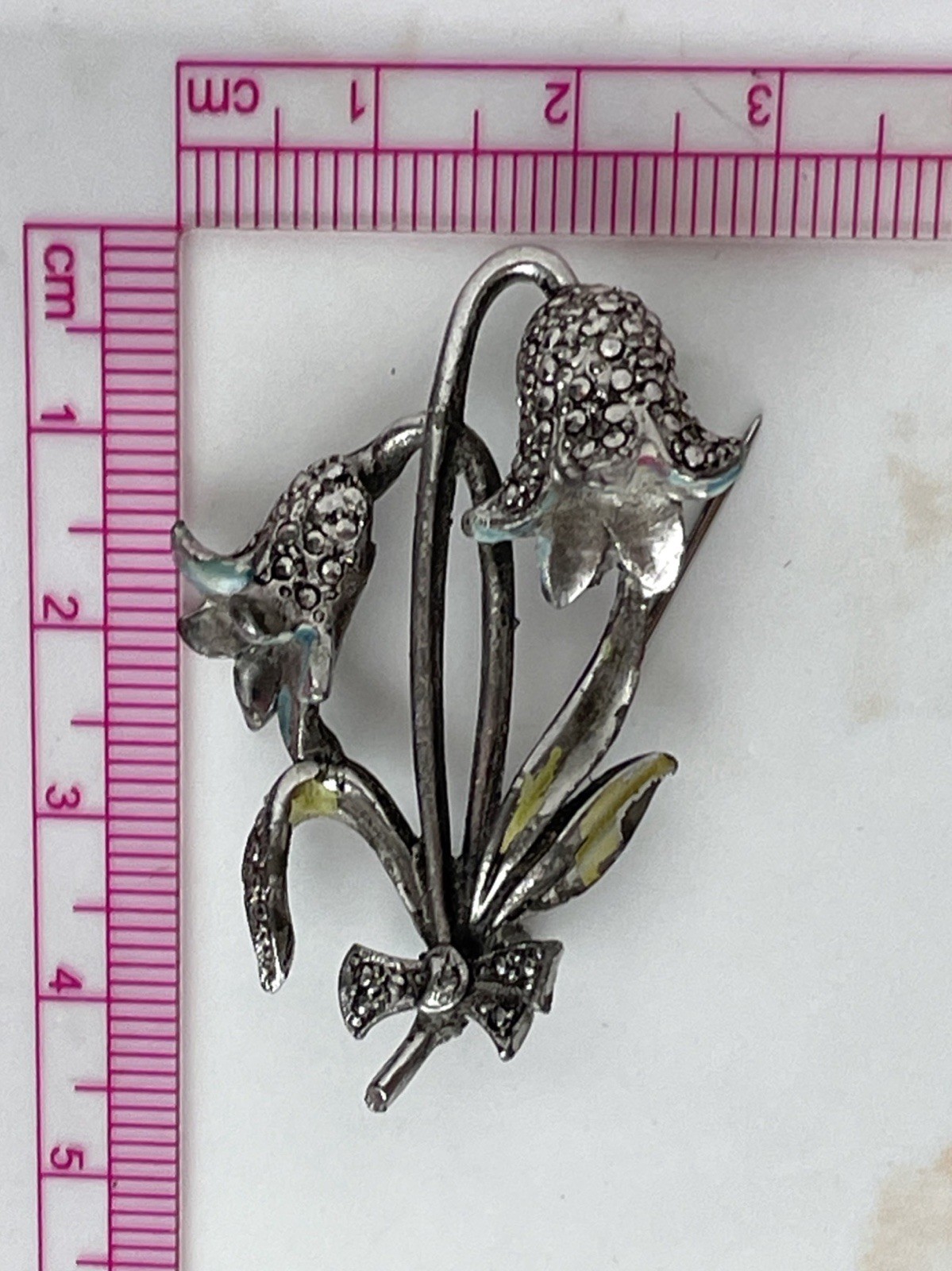Vintage Marcasite Silver Toned Metal And Enamel Bluebell Flower Brooch – Read
