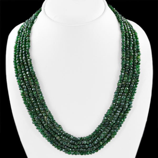 TOP CLASS 416.85 CTS NATURAL 5 LINE RICH GREEN JADE FACETED BEADS NECKLACE (DG)