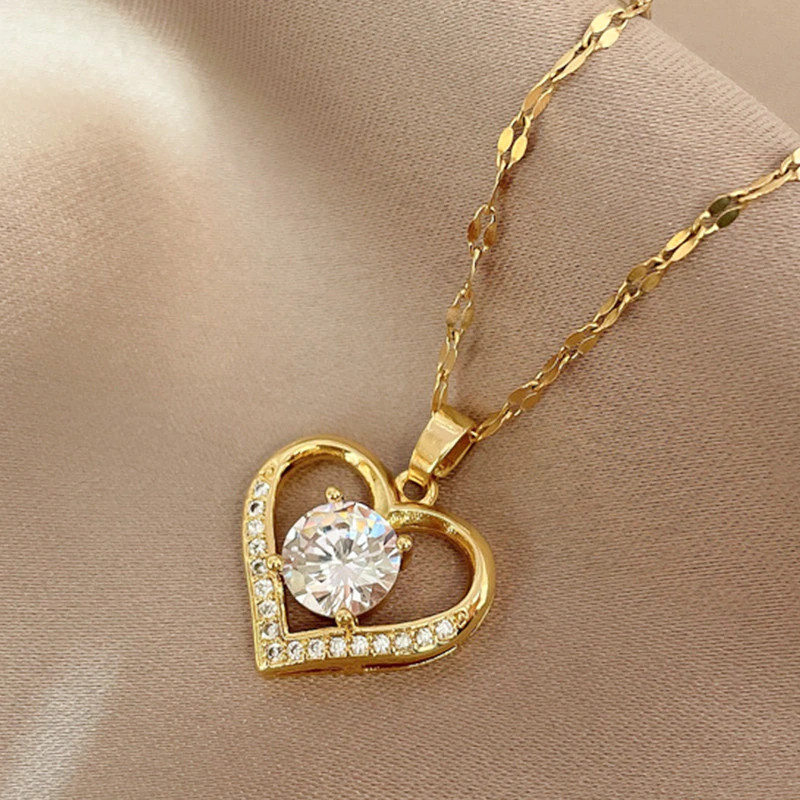 Women’s Fashion Jewelry Gold Heart Cubic Zircon Pendant Necklace 421