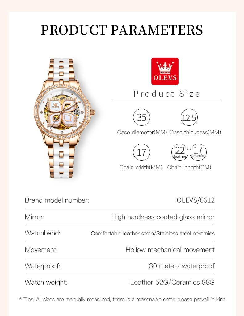 OLEVS 6612 Leather Ceramic Fashion Automatic Female Dress Mechanical Wristwatch