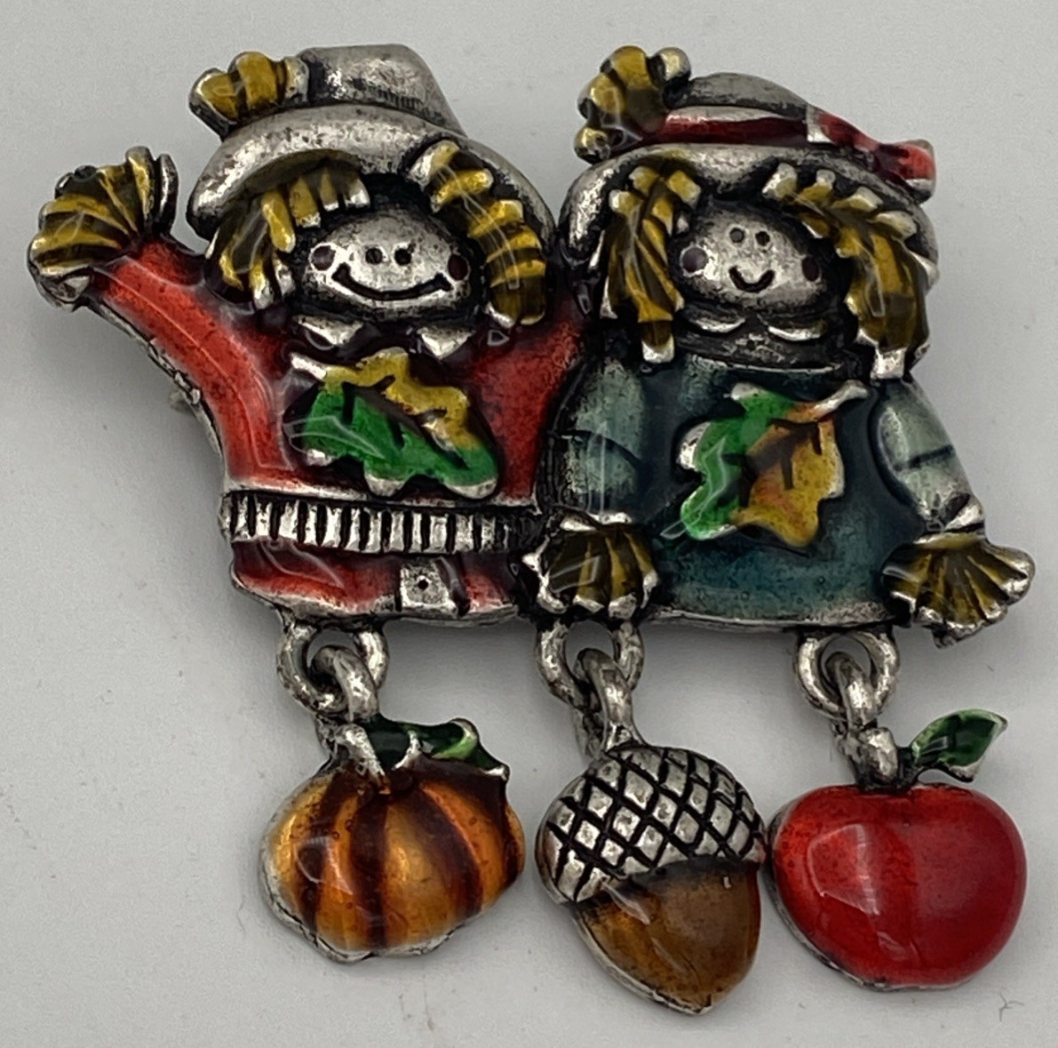 Signed AJMC Brooch Pin Autumn Fall Scarecrow / Pumpkin Dangles