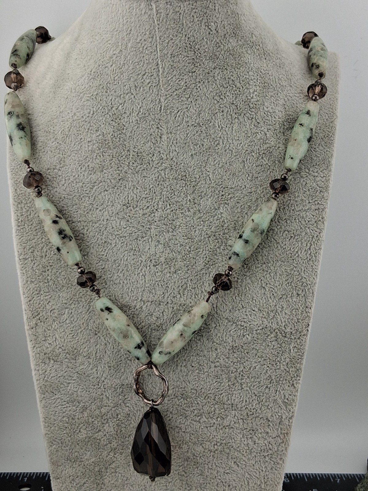 Sesame Jasper & Smoky Quartz Bead Necklace 21 1/2″ Sterling Silver Signed Clasp