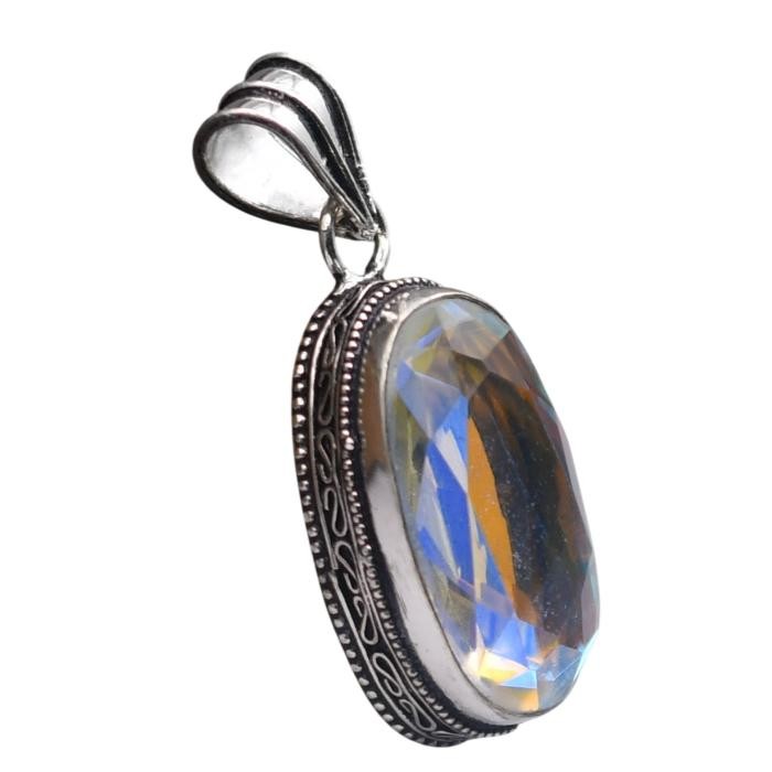 Mystic Topaz Hydro Gemstone Antique Silver Plated Pendant 2.25″ J 2018