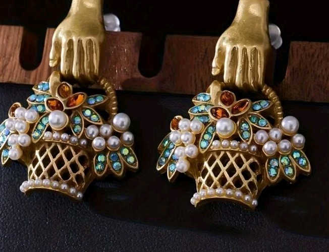 Whimsical Flower Basket Earrings Faux Pearls Rinestones, Vintage Bronze Dangle