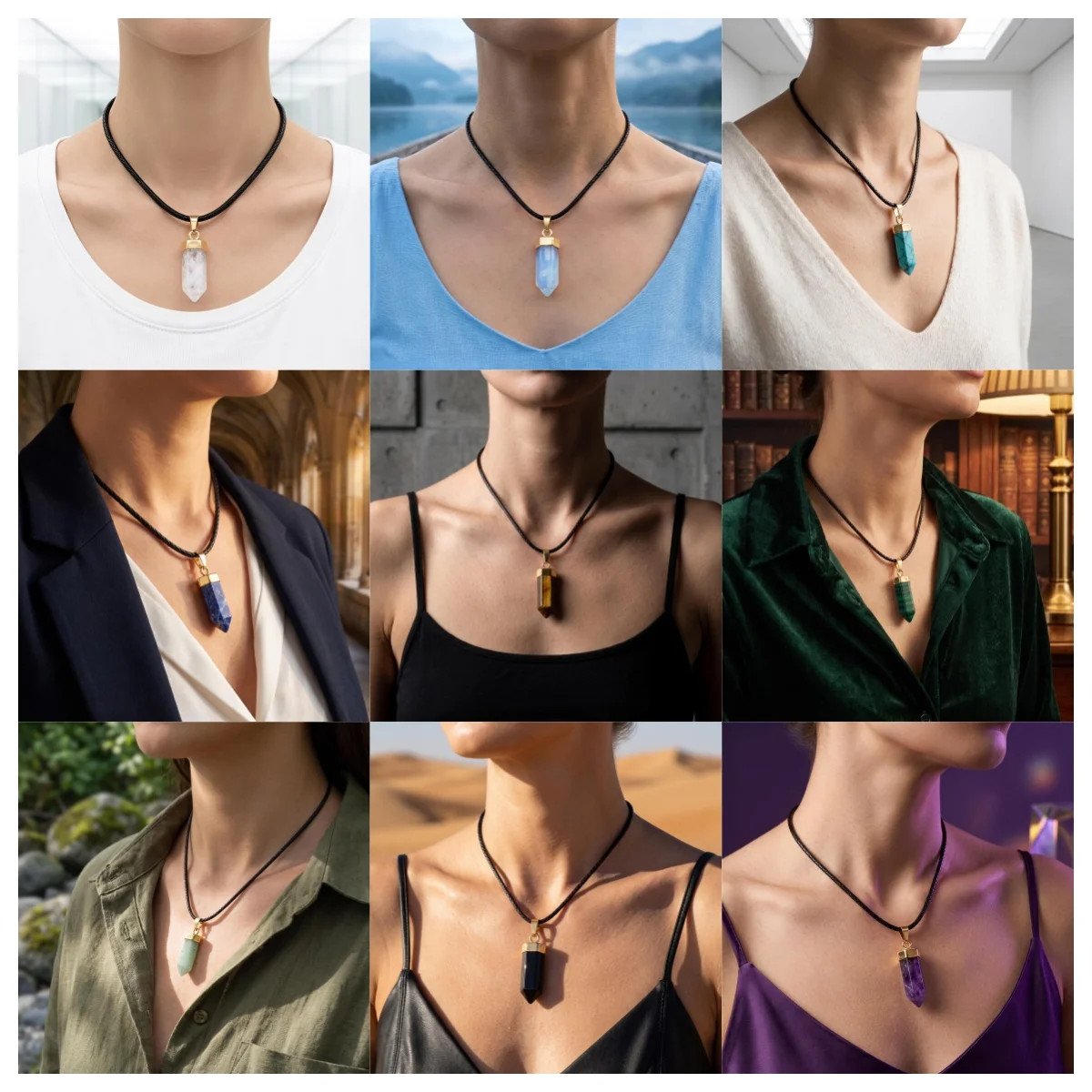 6PCS Crystal Hexagonal Point Stone Pendant Necklace for Women Healing Chakra