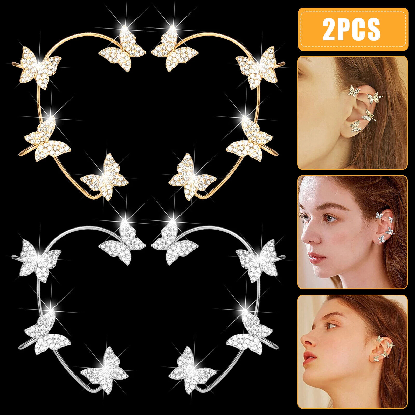 1 pair Butterfly Ear Clip Silver Zircon Earrings Cuff Wrap Women Jewelry Gifts