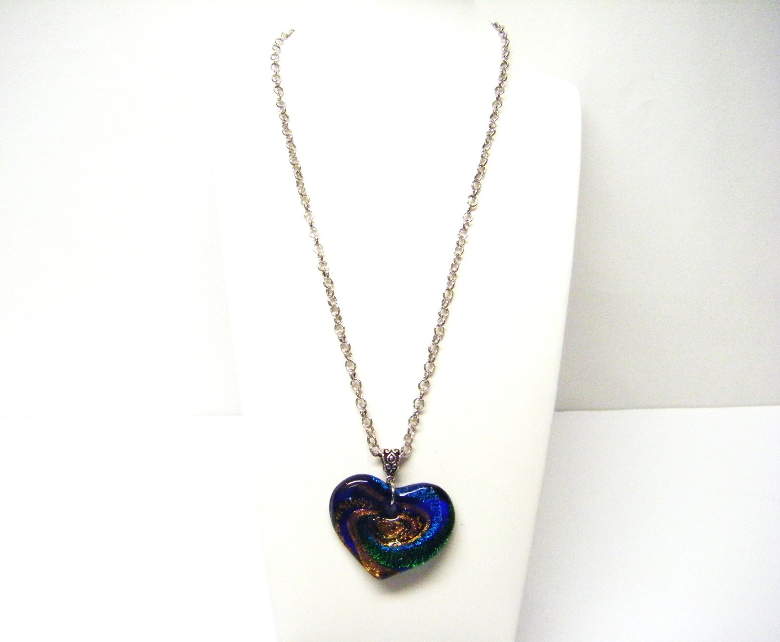 Blue/Green/Gold Dichroic Glass Heart Pendant Necklace