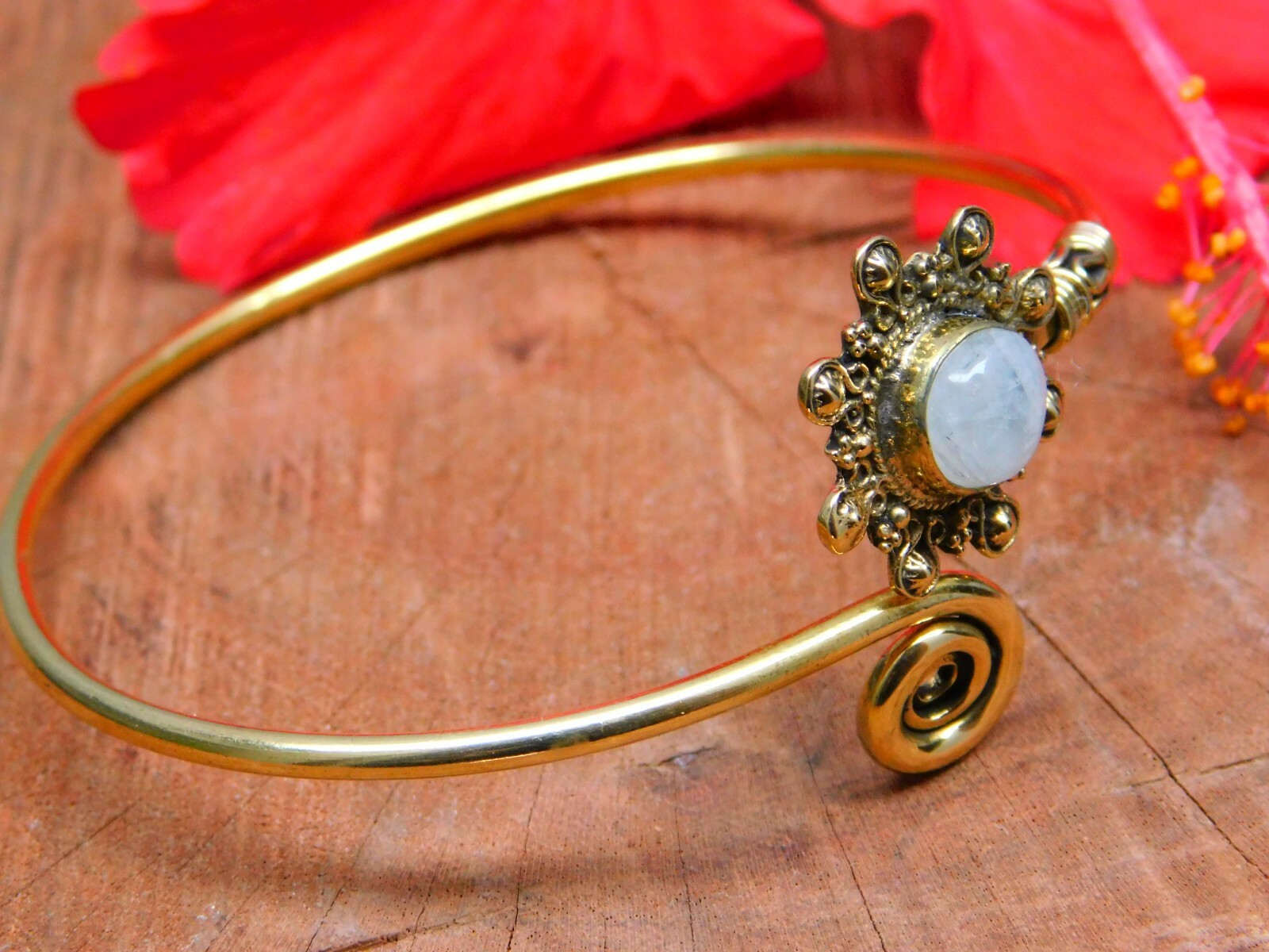 Natural White Rainbow Moonstone Bracelet, Brass Tribal Hand Cuff Ethnic Bangle