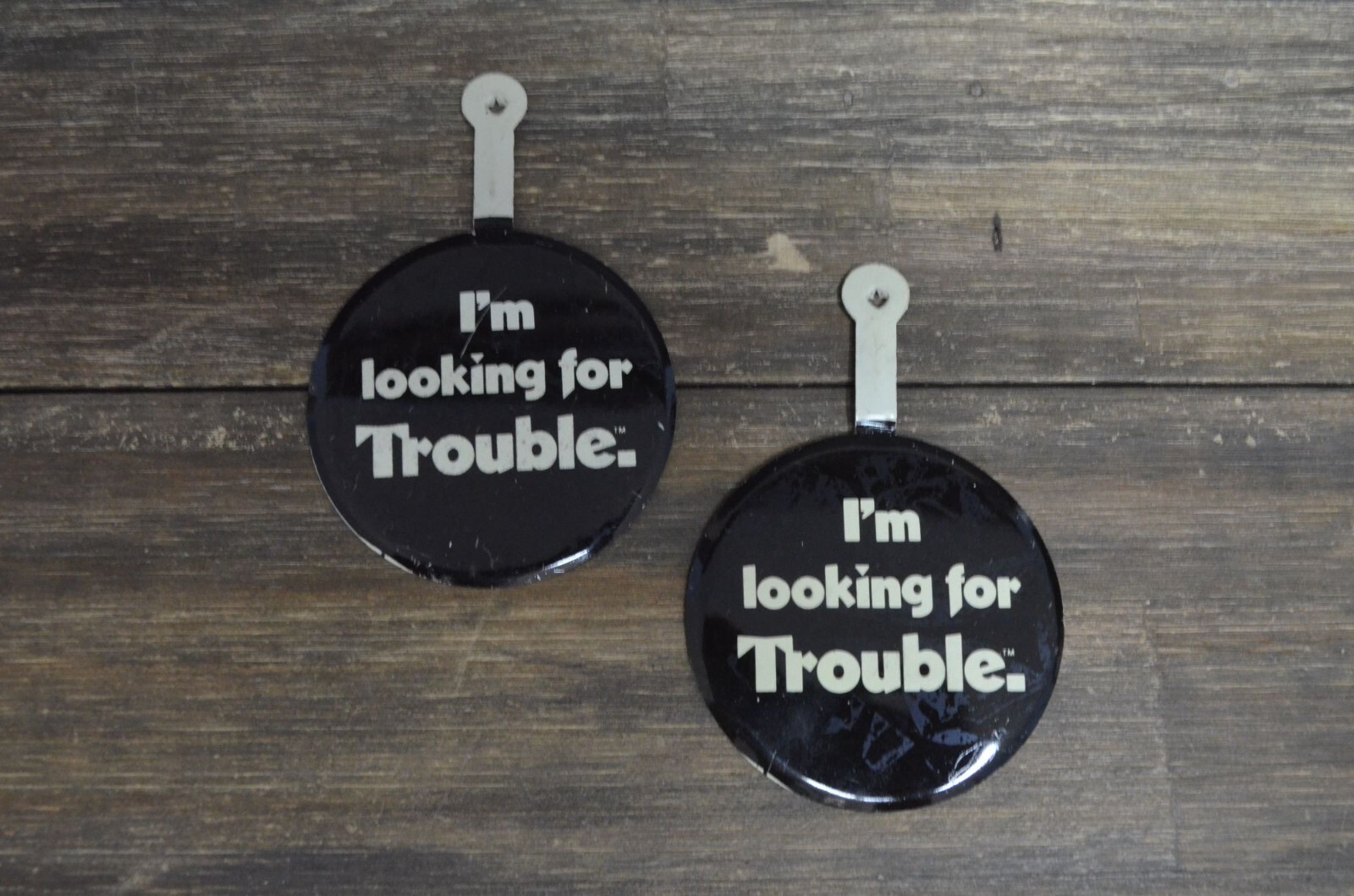 Looking For Trouble Tin Pin Lot of 2 Vintage Black Off-White Folding