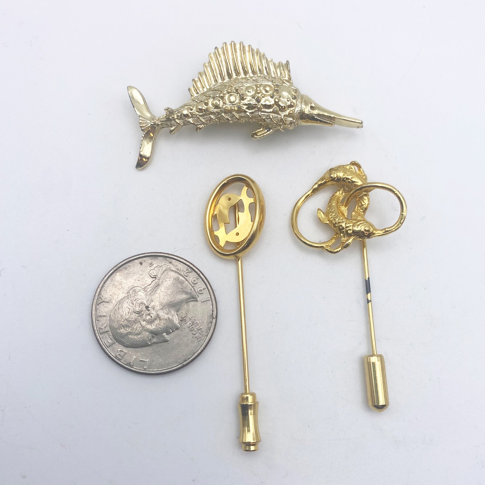 Lot of 3 Gold Tone Fish Lapel/Stick Pin Brooches – Gerry’s Swordfish + Fish