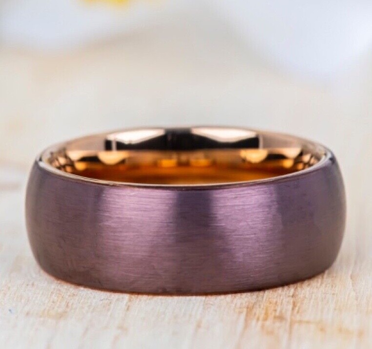 Purple Tungsten Ring Domed Brushed Mens Ring Purple Wedding Ring Rose Interior