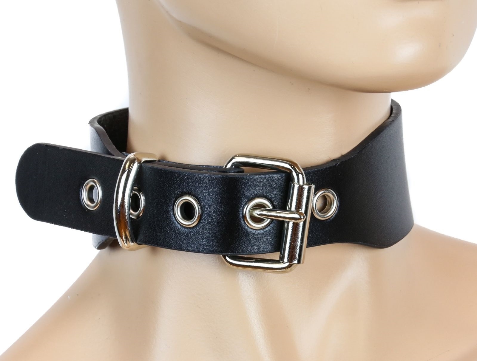 1 3/4″ Wide Plain Genuine Black Leather Choker Collar Necklace Roller Buckle