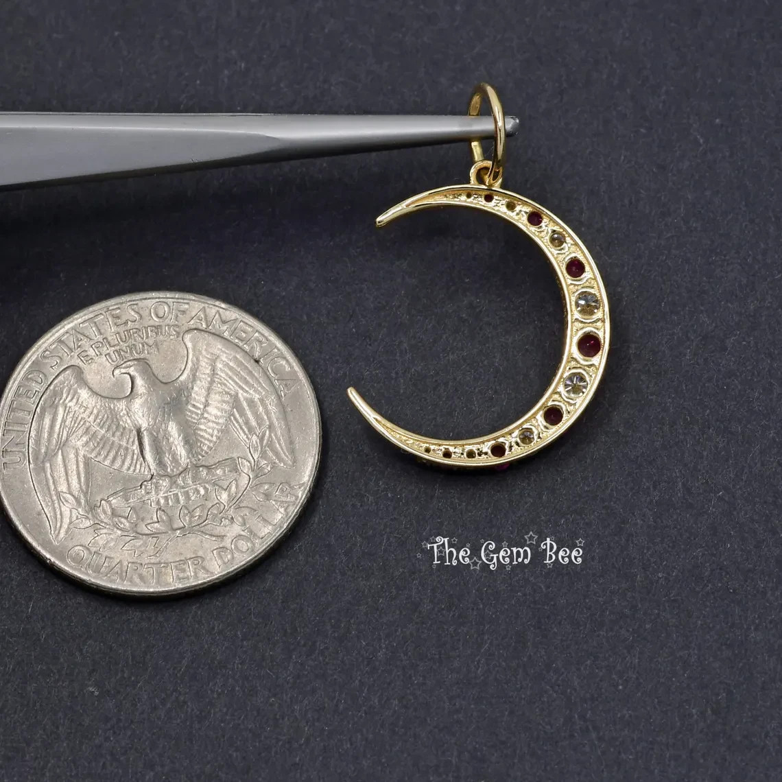 18.5×22.5mm 14K Solid Yellow Gold Diamond Natural Ruby Crescent Moon Charm